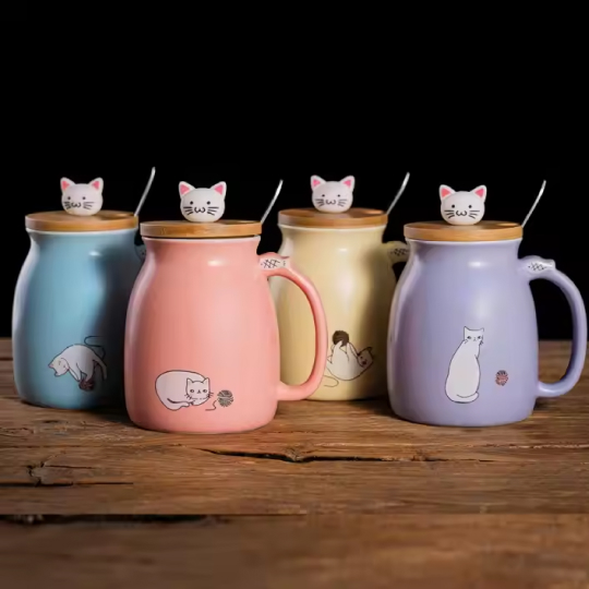 380ml Kids Ceramic Cat Mug with Lid and Spoon