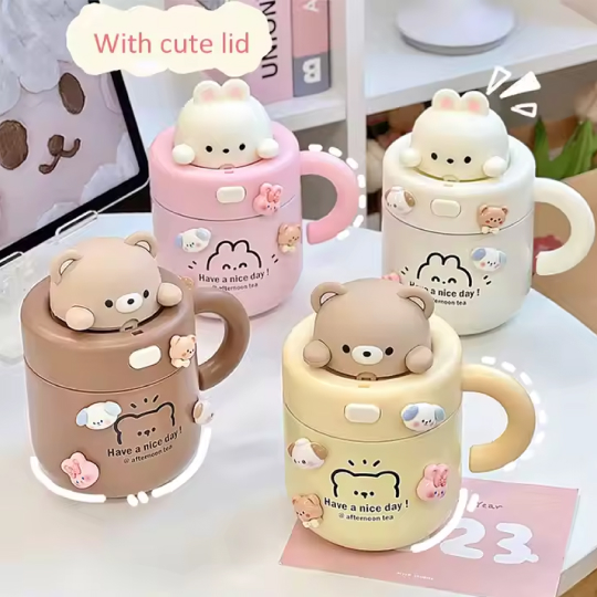 530ml Kids Insulated Mug with Handle and Straw Bear and Rabbit Design