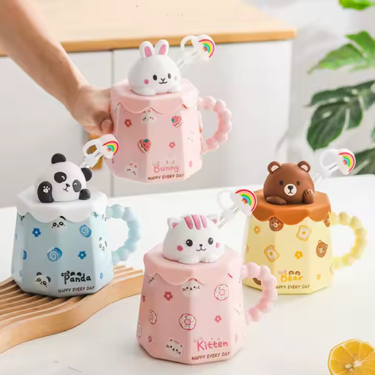 360ml Kids Cute Ceramic Mug with Lid and Straw