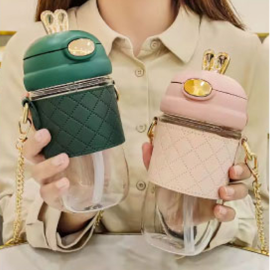 380ml Cute Portable Water Bottle with Straw and Shoulder Strap