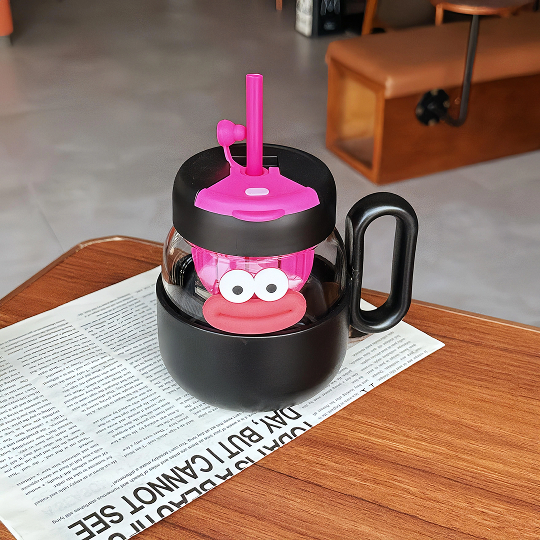 600ml Kids Cartoon Glass Water Bottle with Straw