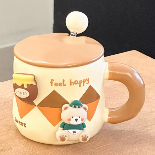 450ml Kids 3D Honey Bear Ceramic Mug with Lid and Spoon